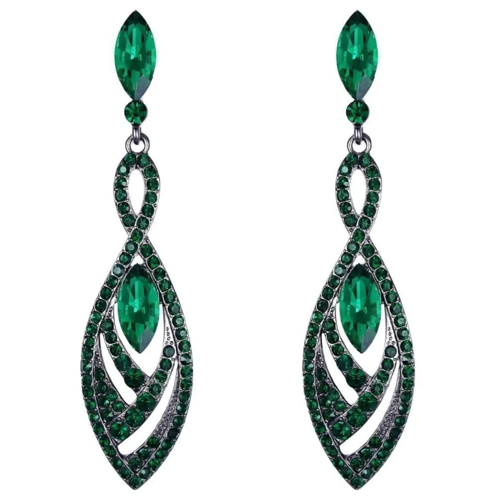 Gun Metal with Emerald Green Austrian Crystal Twisted Chandelier Post Earrings